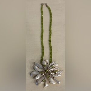 Biwa Pearl Flower Pendant Necklace with Peridot Stones and Chain.